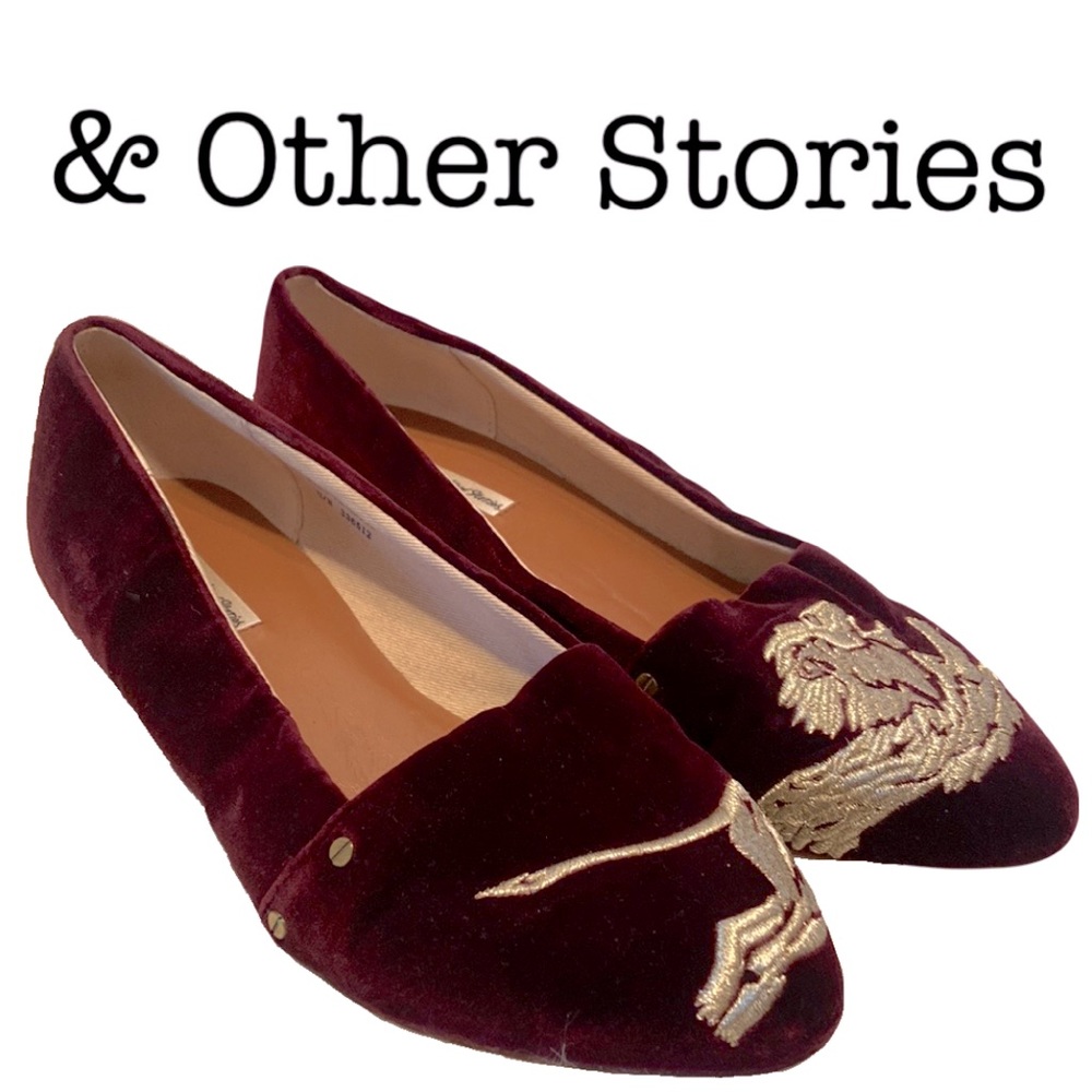 & Other Stories Lion Embroider Burgundy Velvet Flats Size 37